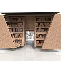 Modern Symmetric Brick Bookcase Design With Decorative Metal Gate Black Countertop Filled With Stacked Books