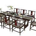 Chinese Style Dining Table Set With Red Accented Chairs Plant Pot And Tableware 3d model