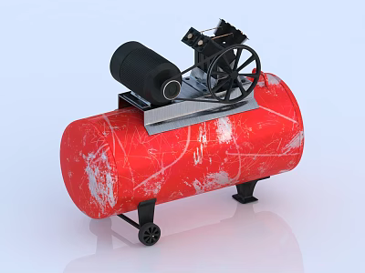 Industrial Equipment Red Air Compressor Featuring Black Motor Wheels And White Scratched Storage Tank 3d model