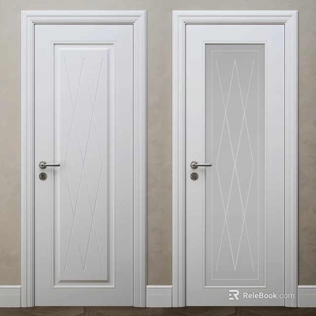 White Hinged Doors Featuring Diagonal And Diamond Line Patterns With Silver Handles 3d model 