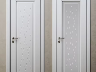 White Hinged Doors Featuring Diagonal And Diamond Line Patterns With Silver Handles 3d model