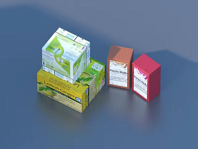 Different Colored Daily Necessities Packaging Boxes with Clear Product Labels 3d model