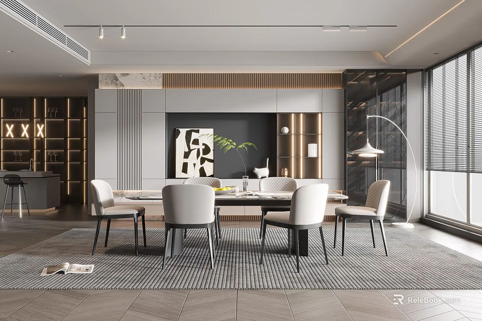 Modern Restaurant Interior Design With Open Concept Dining Table And Chairs 3d model