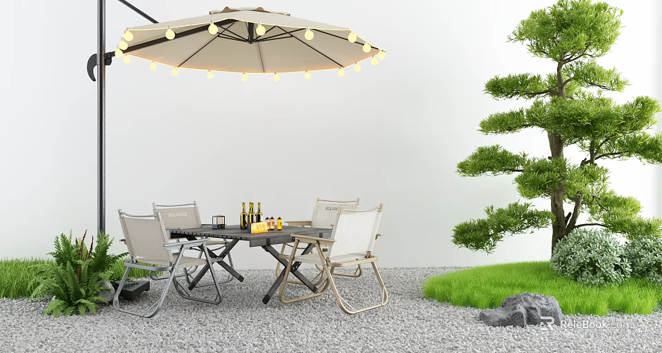 Patio Garden Featuring Outdoor Dining Table Chairs Umbrella String Lights and Shaped Tree Grass 3d model