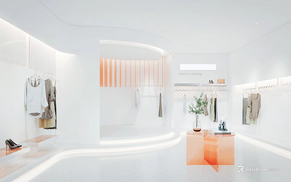 Modern Clothing Store Interior Featuring White Walls Orange Accents Clothing Racks Plants And Display Tables 3d model 