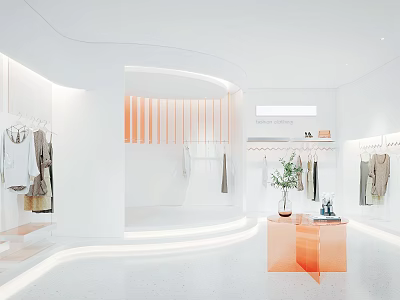 Modern Clothing Store Interior Featuring White Walls Orange Accents Clothing Racks Plants And Display Tables 3d model