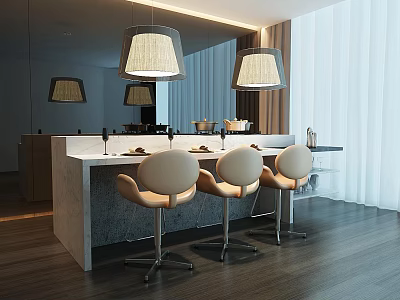 Modern Bar Counter With White Countertop Beige Bar Stools Pendant Lights And Mirror Wall 3d model