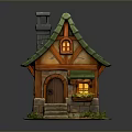 Fairy Tale Style Small Cottage With Green Roof Chimney Orange Walls Steps And Lit Window