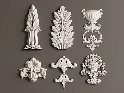 Detailed White Carved Ornamental Pieces With Leaf Vase Scroll And Floral Designs 3d model