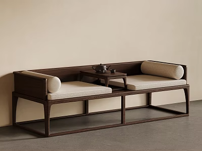Modern Chinese Style Wooden Daybed With Cushions And Side Tea Table 3d model