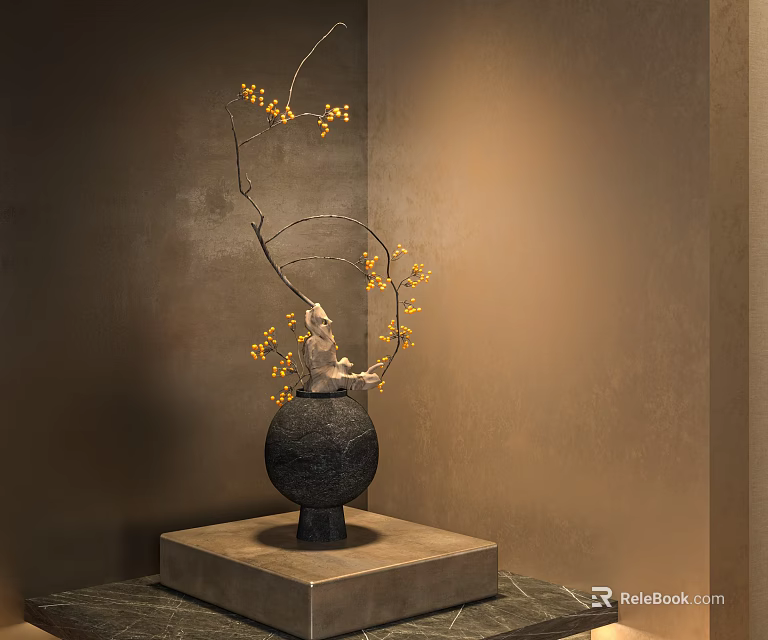 Black Vase With Yellow Flower Branches On Square Pedestal Interior Decor 3d model