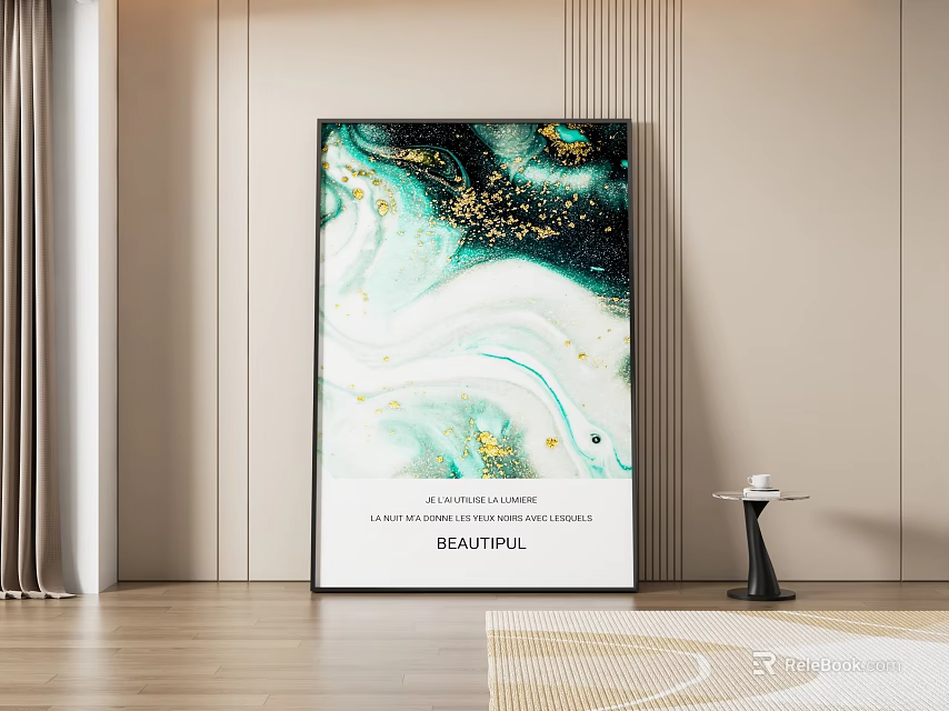 Abstract Painting With Green White And Gold Fluid Textures Hanging On Light Colored Wall 3d model 