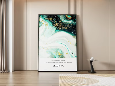 Abstract Painting With Green White And Gold Fluid Textures Hanging On Light Colored Wall 3d model