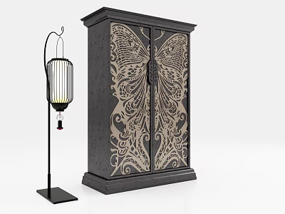 Dark Colored Double Door Wardrobe With Butterfly Carving And Ornate Patterns Plus Side Decorative Lantern 3d model