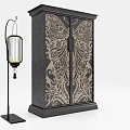 Dark Colored Double Door Wardrobe With Butterfly Carving And Ornate Patterns Plus Side Decorative Lantern