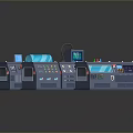 Multiple Blue Industrial Control Boxes With Buttons Displays Panels On Reflective Surface
