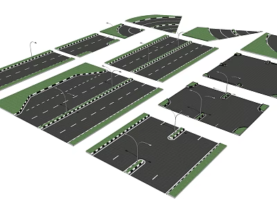 Various Road Infrastructure Layouts Featuring Curved Straight Roads Light Poles And Green Belts 3d model