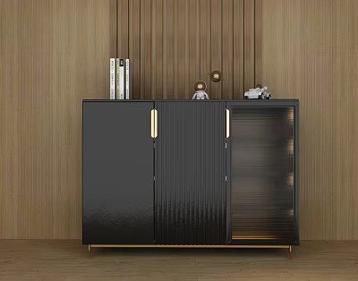 Elegant Modern Black Shoe Cabinet With Gold Handles Glass Door And Wooden Background 3d model