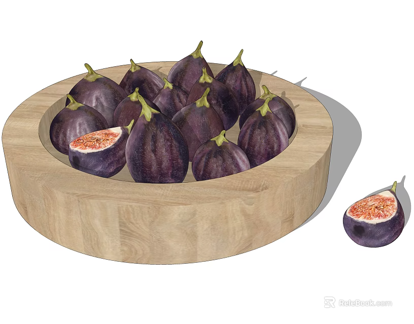 Fresh Purple Figs Arranged in Wooden Bowl with Halved Fig 3d model 