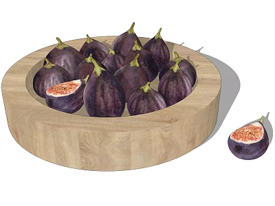 Fresh Purple Figs Arranged in Wooden Bowl with Halved Fig 3d model