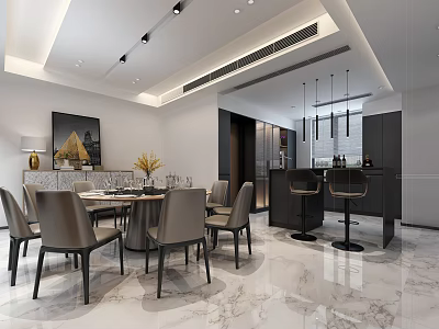 Modern Restaurant Interior With Round Dining Table Chairs Pendant Lights And Marble Floor 3d model