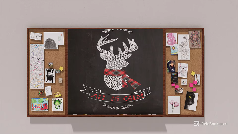 Decorative Wall Pendants On Chalkboard With Deer Head Plaid Scarf And Corkboard Notes 3d model 