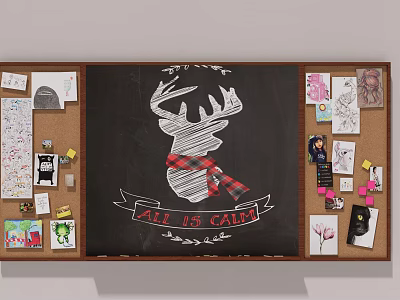 Decorative Wall Pendants On Chalkboard With Deer Head Plaid Scarf And Corkboard Notes 3d model