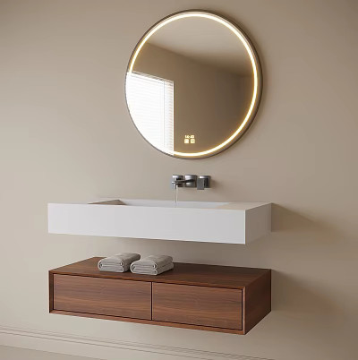 Wooden Bathroom Vanity Cabinet with Round LED Lighted Mirror White Wall-Mounted Sink and Towels 3d model
