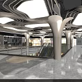 Spacious Shopping Mall Lobby With Abstract Ceiling Design White Columns Marble Flooring And Escalators