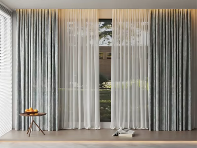 Gray and White Double Layer Curtains with Sheer Panels in Modern Interior and Natural Light 3d model