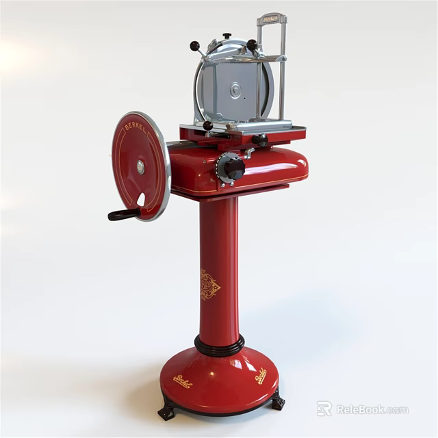 Red Stand Kitchen Slicer With Circular Blade And Golden Base Decorations 3d model 
