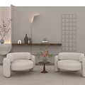 Modern White Lounge Sofa Set With Coffee Table Flowers And Beige Wall Decor Wooden Shelf