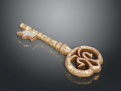 Decorative Golden Key With Intricate Carvings And Vintage Design For Home Use 3d model
