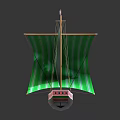 Decorative Ornament Set Featuring Green Sail Model Ship With Pink Hull Flag And Reflective Surface