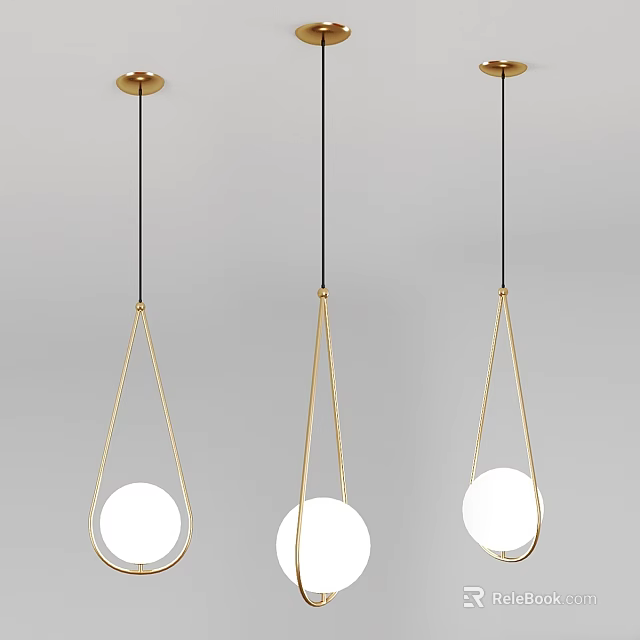 Modern Three Chandeliers With Gold Frame Black Hanging Cords And White Spherical Lamps 3d model 