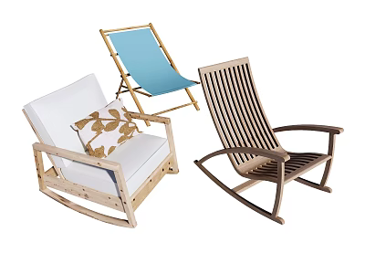 Various Lounge Chairs With Wooden Frames Canvas Seats And Striped Patterns 3d model