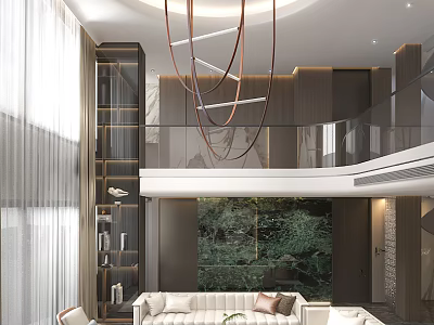 Modern Duplex Living Room With High Ceiling Chandelier And Comfortable Sofa 3d model