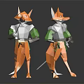 Two Origami Style Fox Characters Standing With Green Outfits And Swords