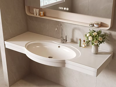 Elegant Bathroom Sink with White Countertop Faucet Vase and Decorative Mirror 3d model