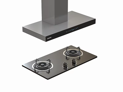 Kitchen Appliances Modern Stainless Steel Range Hood And Gas Stove With Black Glass Dual Burners 3d model