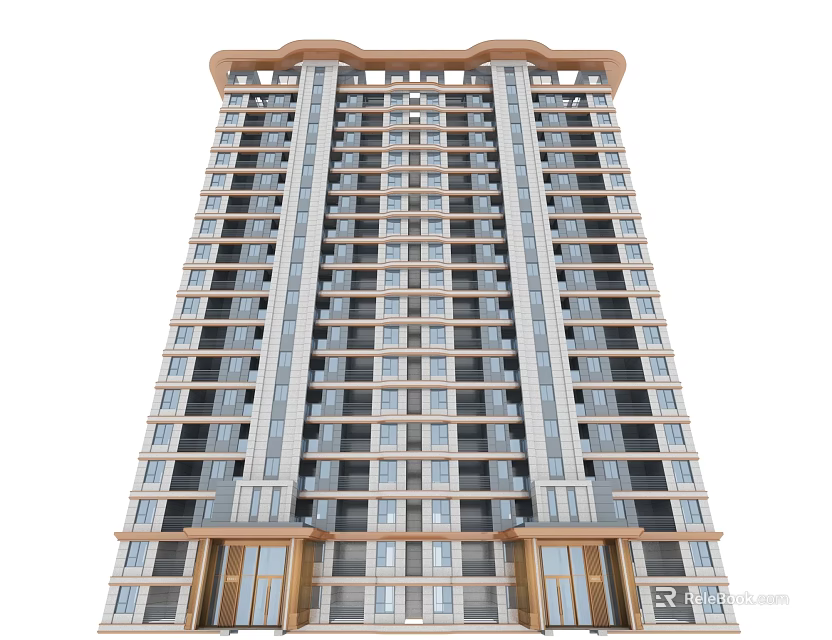 High Rise Residential Building With Modern Exterior Design Large Windows Balconies And Decorative Top 3d model 