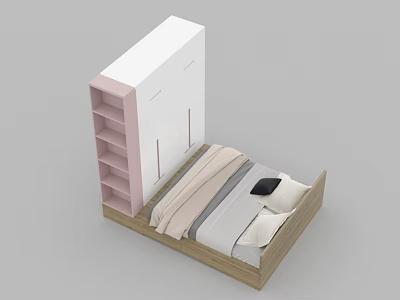 Wooden Kids Bed with White Pink Cabinet Open Shelves and Light Colored Sheets 3d model
