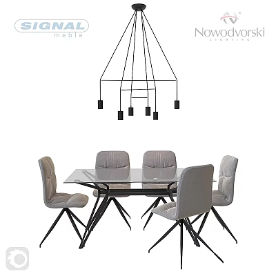 Modern Dining Table And Chair Set Featuring Glass Top Black Metal Legs And Upholstered Four Chairs 3d model