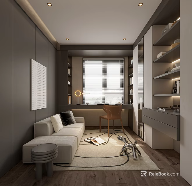 Modern Study Room Interior With Large Window Blinds Writing Desk Wooden Chair And Sofa 3d model 