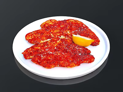 Spicy Seasoned Meat Slices Served On White Plate With Lemon Wedge 3d model