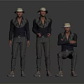 Three Stylish Men Wearing Hats Dark Jackets And Striped Pants Standing And Sitting
