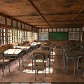 Vintage Wooden Classroom Interior With Desks Chairs Windows Green Blackboard And Map