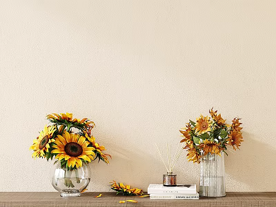 Sunflowers in Glass Vases on Wooden Tabletop with Beige Wall Books Diffuser and Fallen Petals 3d model