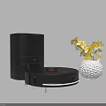 Smart Robot Vacuum Cleaner With Black Docking Station And White Vase With Yellow Flowers