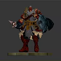 Armored Man in Ornate Armor Holding Weapon and Shield on Stone Platform